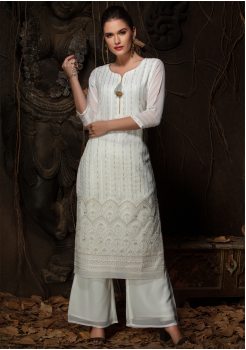 White Color Designer Georgette Straight Cut Kurti